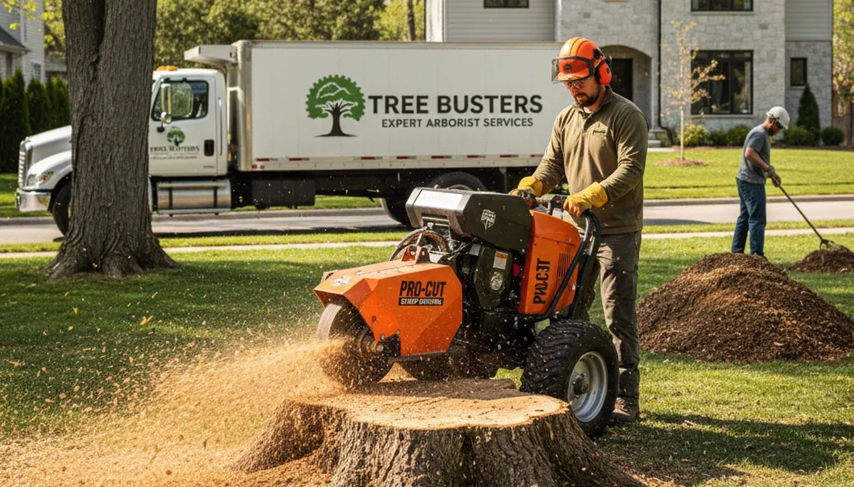 Arborist performing stump removal in Cherry Hill, NJ yard with professional grinding equipment