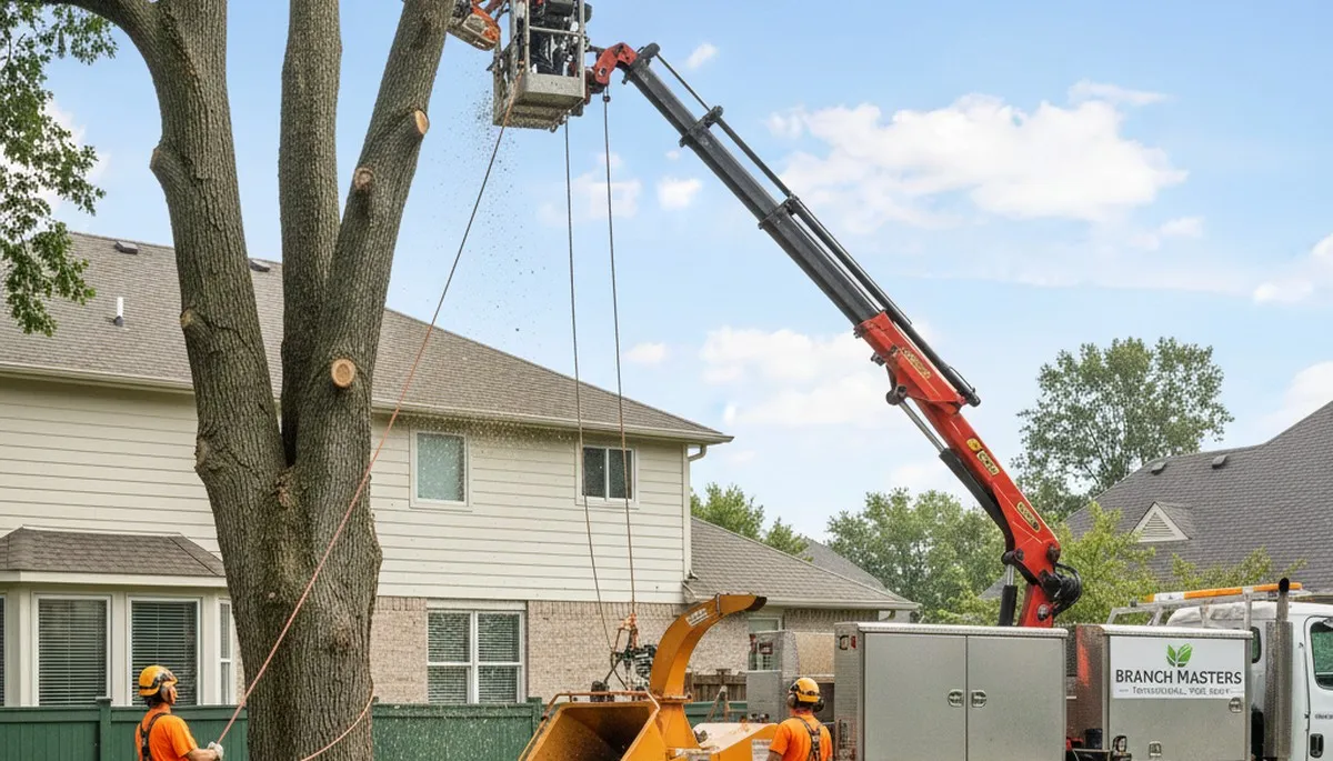 Professional tree removal crew trimming oak in Cherry Hill, NJ yard