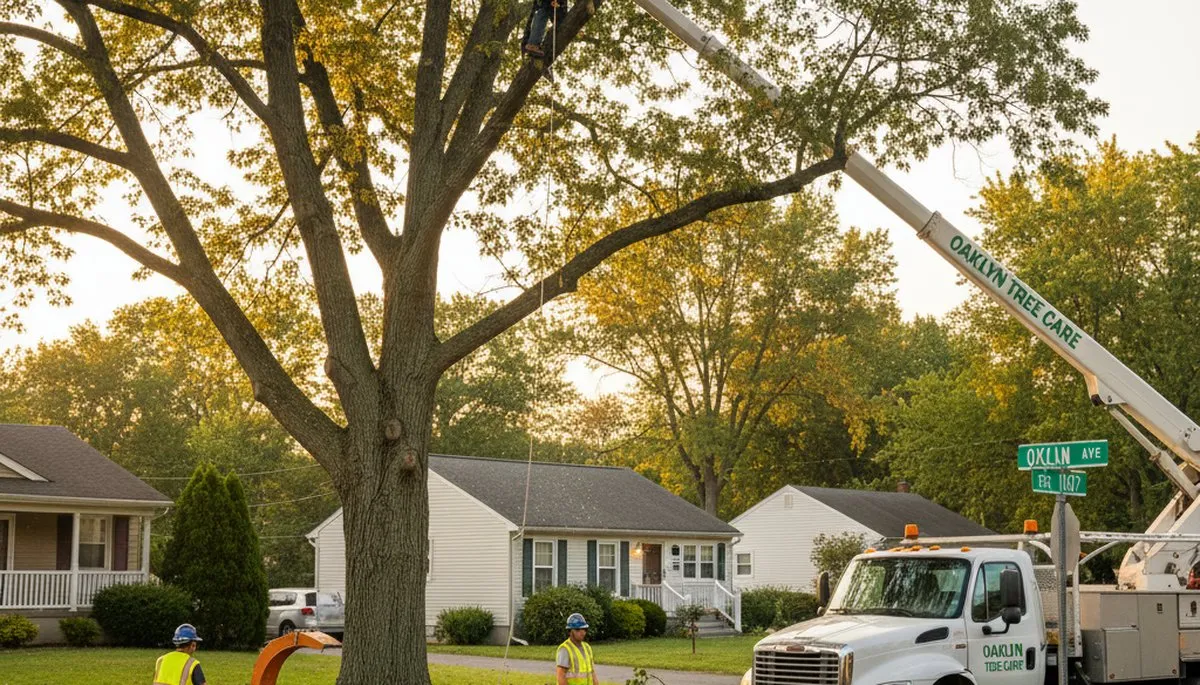 Professional tree removal service truck in Cherry Hill, NJ clearing residential yard trees